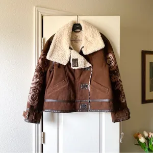 Free People Andies Vegan Moto Jacket Embroidered Floral Brown Bear Small NWT‎ thumbnail 2