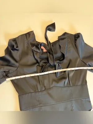 Phoebe Couture Blk Satin Tie Neck Cocktail Dress Flutter Sleeve Ruffle Hem Size8 thumbnail 13