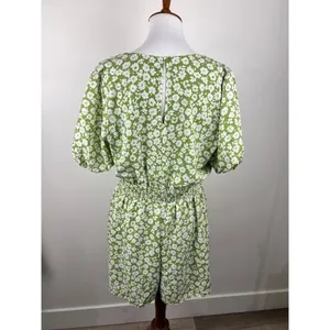 Heartloom Green Floral Wrap Front Romper Puff Sleeve Pockets Large thumbnail 3