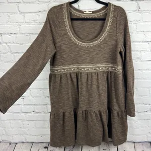 Easel Boho Brown Embroidered‎ Tiered Mini Dress Long Sleeve Babydoll Size Medium thumbnail 1