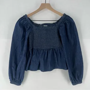 J.‎ Crew Dark Blue Chambray Smocked Puff Sleeve Top Peasant Milkmaid thumbnail 3
