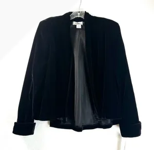 Patra Black Velvet Open Front Evening Jacket Cuffed Sleeves Made in USA Size L thumbnail 1