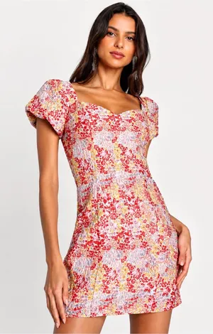 🌸 Lulus Floral Jacquard Puff Sleeve Mini‎ Dress Size M 🌸 thumbnail 1