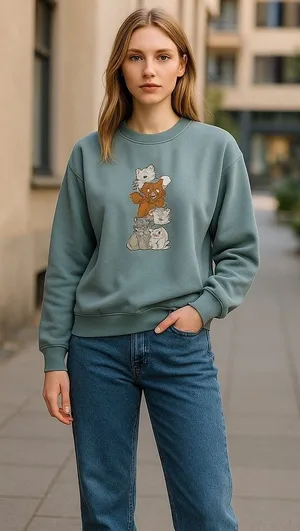 Morning‎ Sun Crewneck Sweatshirt with Ribbed Trim Cat Appliqué Granny Womens L thumbnail 1