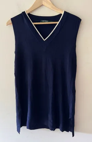Lauren Ralph‎ Lauren Navy Blue Knit V-Neck Top thumbnail 1