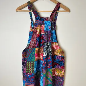 Incredible Retro Boho Multicolor Dopamine Dressing Patchwork 1970s Overalls Red Size M thumbnail 6