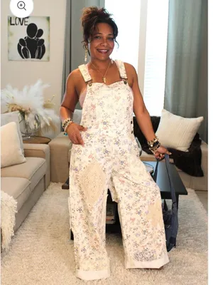 NWT POL Touch of Flowers Crochet Patch Overalls, Cream Floral Patchwork thumbnail 3