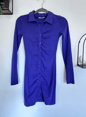 Zara Long Sleeve Button Front Purple Mini Cotton Shirt Dress Size XS thumbnail 1