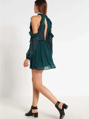 Free People Whimsy Fairycore Teal Green Ruffle Cold Shoulder Mini Dress | Sz 2 thumbnail 2