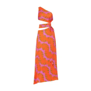 Farm Rio Copacabana Orange Printed One Shoulder Cut Out Maxi Dress Size Large thumbnail 5