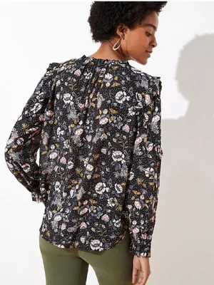Loft Black and White Floral Ruffle Key Hole long sleeve pullover top size small thumbnail 3