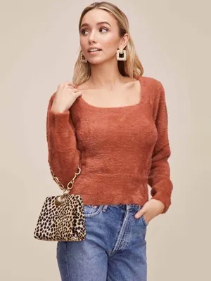 ASTR The Label Square Neck Fuzzy Crop Sweater in Rust thumbnail 6