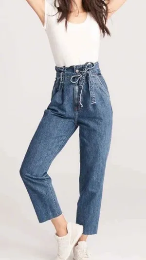 Abercrombie & Fitch Mom Jean Womens 26/2R‎ Blue Paperbag Waist Belted Straight thumbnail 1