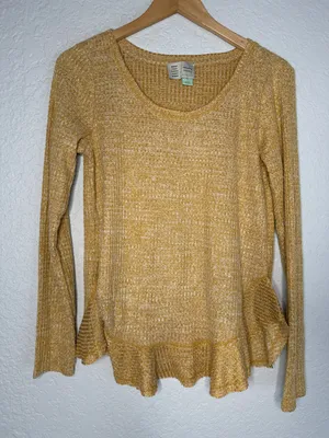 Anthropologie Saturday Sunday Waffle Knit Top Thermal Ruffle Split Back Fall thumbnail 1