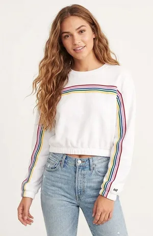 Abercrombie & Fitch Crop oversized Sweatshirt Womens XS White Rainbow Stripe thumbnail 1