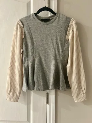 Dance & Marvel Heather Gray Sweatshirt Top with Cream Pinstripe Sleeves thumbnail 2