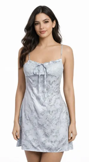 Cider Silver Satin Floral Mini Dress Lace Trim Slip Dress Spaghetti Strap thumbnail 1