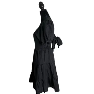 Chelsea & Violet Black Linen Blend Tiered Dress XS Open Back Puff Sleeve Mini thumbnail 6