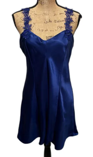 Vintage 90s Royal Blue Mini Slip Dress Floral Strap Satin Sexy Date Night Medium thumbnail 1