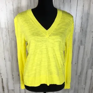 J. Crew Slub Knit V-Neck Long Sleeve Sweater Top L Neon Yellow Bright Blouse thumbnail 3