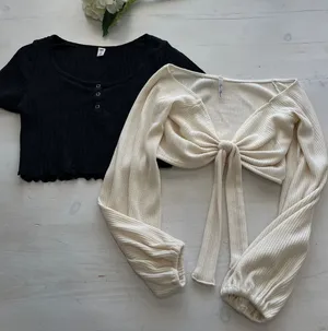 Byou Apparel Cream Tie Front Cropped Ribbed Sweater & BP Black Lettuce‎ Hem Crop thumbnail 1