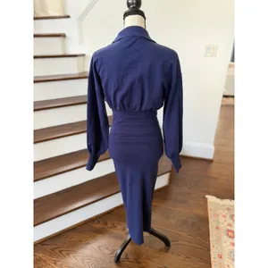 NWT Commense Navy Blouson Long Sleeve Knit Midi Pencil Skirt Sweater Dress thumbnail 2