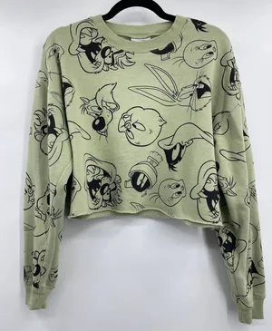 Looney Tunes Womens Bugs Bunny Daffy Duck Green Cropped Sweater Medium thumbnail 1