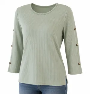Women's Sage Green XL Ribbed Knit Top Stud Sleeve 3/4 Sleeve Stretch Blouse thumbnail 1