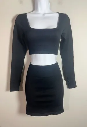 OQQ Women Black Ribbed Two Piece Set Long Sleeve Crop Top Mini Skirt Small NWOT thumbnail 1