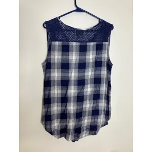 Wrangler Plaid Top Women Medium Blue NWT Crochet Lace Tie Front Sleeveless thumbnail 6