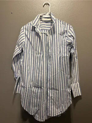 Zara Trafaluc Blue White Striped Button Down Tunic Shirt Womens Extra Small XS thumbnail 1