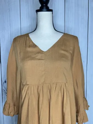 Andree by Unit V-Neck Babydoll Blouse Sz L Pleated Front Short Ruffle Sleeve Top thumbnail 2