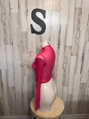 SHEIN Hot Pink Sheer Mesh Mock Neck Long Sleeve Crop Top Womens Small NWT thumbnail 6