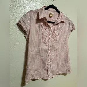 Faded Glory Pink Striped Button Up Blouse Ruffle Top | Cottagecore Casual Shirt thumbnail 4