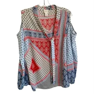Chicos Cold Shoulder‎ Tie Neck Patchwork Blouse Red White Blue Size 2 Large thumbnail 7
