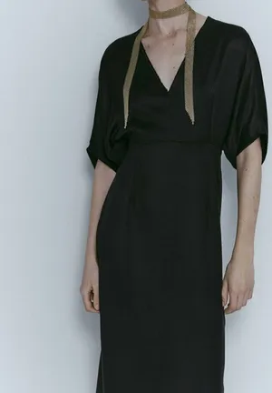 Massimo Dutti Black Midi Dress with Gold Neck Detail Size M thumbnail 2