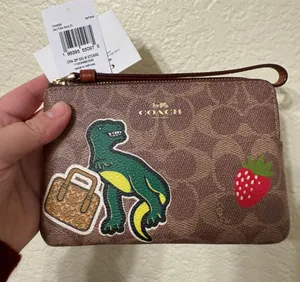 Coach Corner Zip Wristlet with Rexy Sticker Print Signature Canvas & Leather NWT thumbnail 1