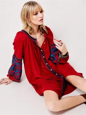 🌵 Free People In The Clear Tunic Dress Embroidered Boho Red Blue‎ Size S ❤️ thumbnail 1