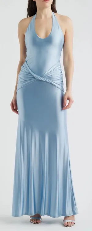 New Delfi Collective Soraya Halter Neck Satin Jersey baby blue Gown Sz XS thumbnail 1