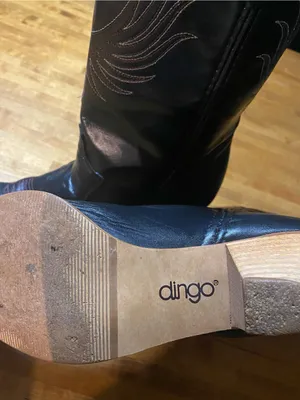 dingo Black Leather Western Heeled Boots with Tan Stacked Heel thumbnail 2