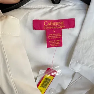 CATHERINE MALANDRINO Womens Size L Classic White Collared V Neck Long Sleeve Top thumbnail 5