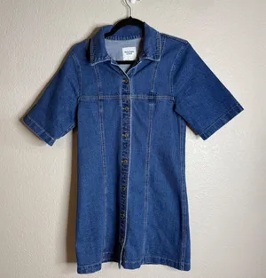 Abercrombie Fitch Womens S Blue Denim Shirt Dress Button Front Mini Short Sleeve thumbnail 1