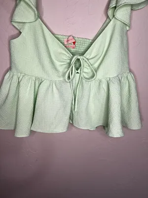 Urban Outfitters Keyhole Babydoll Ruffle Tie-Front Green Peplum‎ Crop Top thumbnail 4