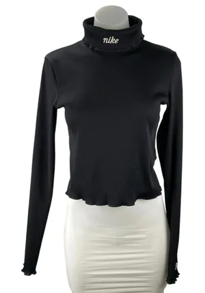 Nike Women's Black Ribbed Knit Long Sleeve Turtle Neck Crop Sweater Tops Size S thumbnail 1