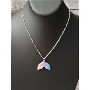 Mermaid Tail Pendant Necklace Pink, Purple, & Blue, Gold Tone - New thumbnail 2