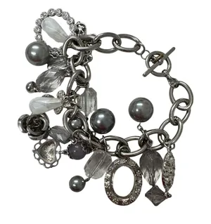 Silver Tone Chunky Charm Bracelet Hearts Rose Rhinestone thumbnail 1