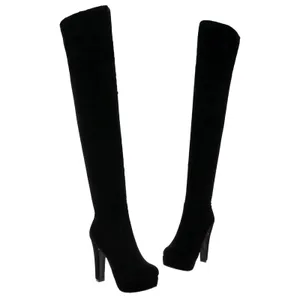 H & M Thigh High Platform Boots Stretch Faux Suede Black 10 thumbnail 2