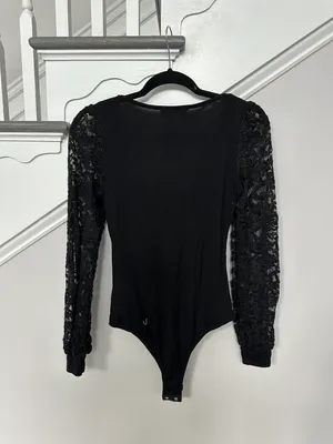 Blue Blush Women’s Long Sleeve Lace Square Neck Bodysuit Black Medium thumbnail 3