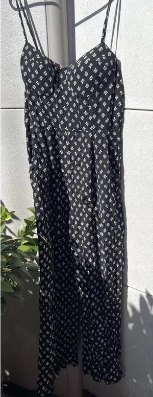 AUW As U Wish Babydoll Smocked Floral Black White Midi Dress Size XL Jumpsuit thumbnail 1