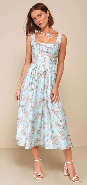 LULU’S Darling Adoration Light Blue Floral Midi Dress With Pockets thumbnail 1